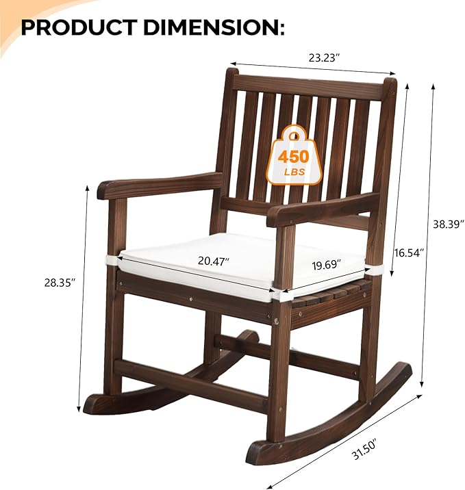 VINGLI Outdoor Rocking Chair, Weatherproof Rocker with Cushion, Wooden Rocking Bench Support 450 LBS for Patio, Yard, Garden, Outdoor or Indoors, Rustic
