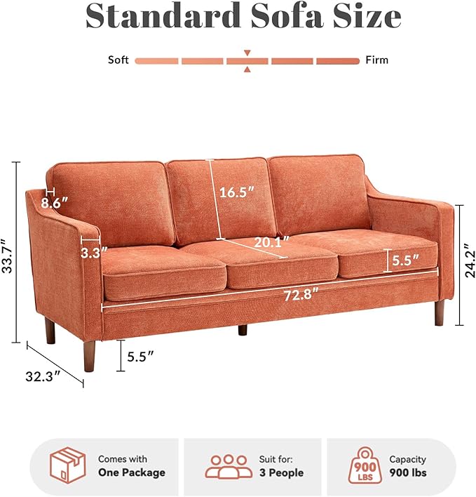 Kingfun 80" Chenille Sofa, 3 Seater Couch, Mid Century Modern Couches