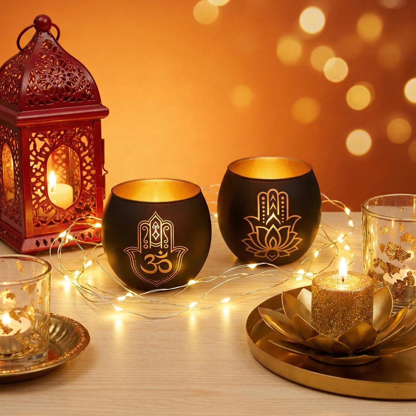 Hamsa Hand & Lotus Candle Holder Set of 2, Black and Gold Glass Votive Tealight Holders for Zen Meditation Decor, Om Symbol Decor for Yoga Room, Spa Bathroom & Diwali Decorations for Home