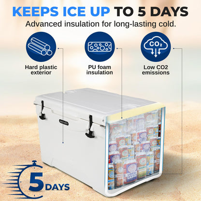 SereneLife 50 Qt Portable Cooler Box – Heavy Duty White Ice Chest Holds 63 Cans, Keeps Ice Cold Up to 5 Days, Leak-Resistant Outdoor Camping, Fishing, Tailgating, Beach Cooler