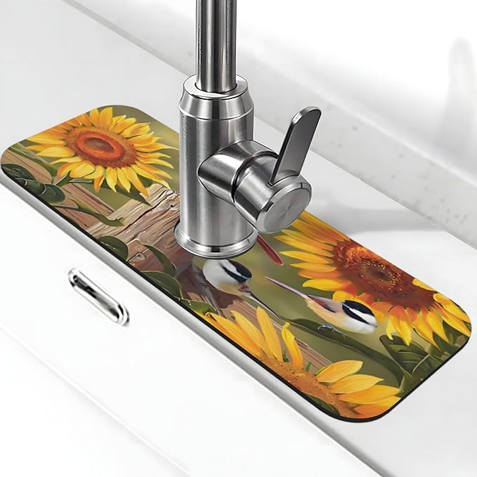 Sunflowers and songbirds Kitchen sink faucet pad, strong water absorption