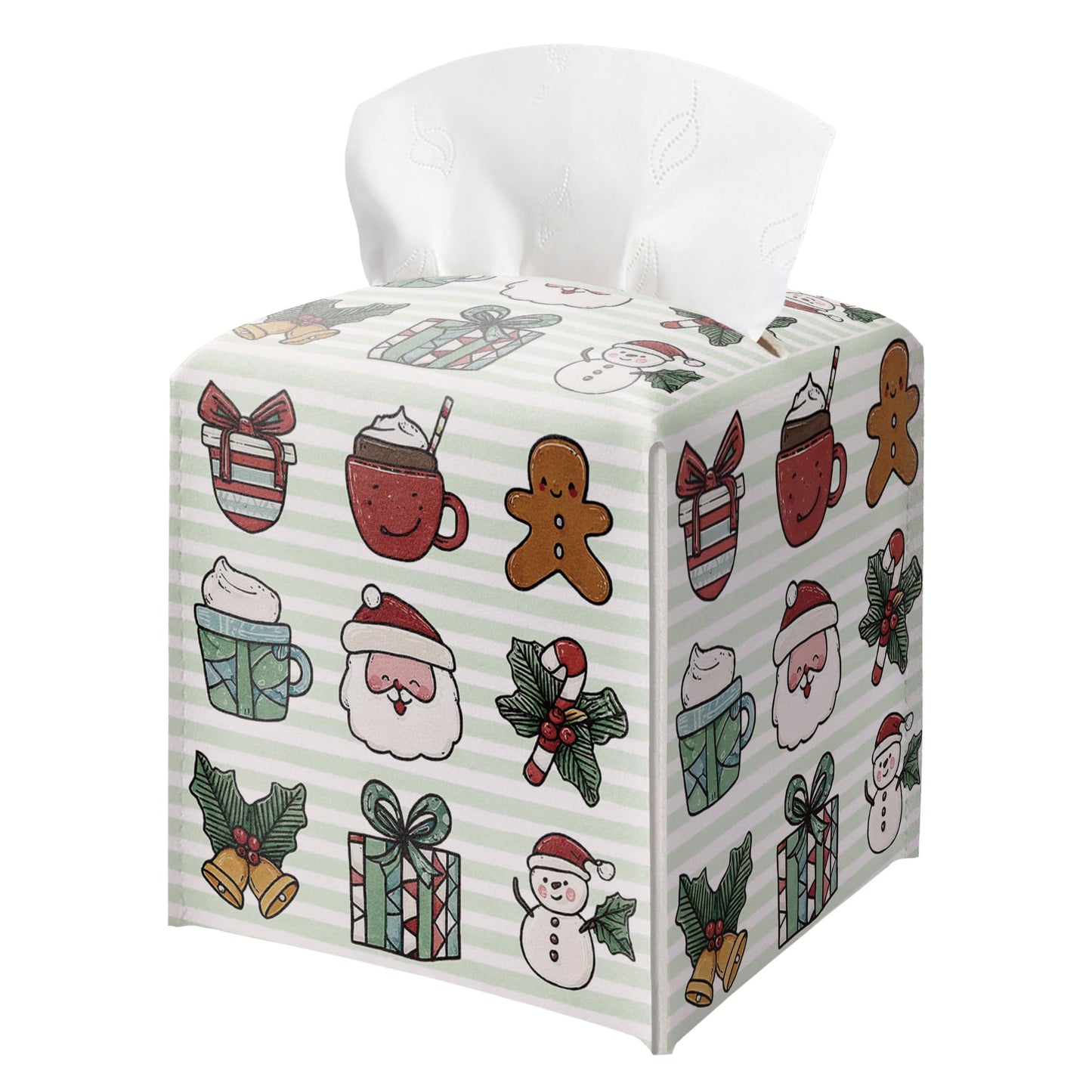 Merry Christmas Tissue Box Holder, Cute Santa Bow Leather Tissue Box Cover Square, Paper Facial Decorative Tissues Cover for Night Stands Bathroom Kitchen Office Home Decor-B30