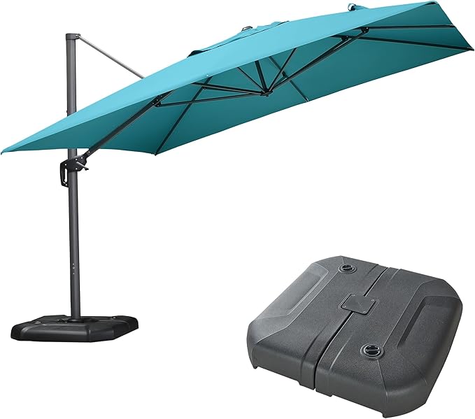 PURPLE LEAF 11.5' X 11.5' Telescopic Patio Umbrella with Base Included Lifting Cantilever Offset Square Large Umbrella for Pool Outdoor Patio Deck Garden Turquiose