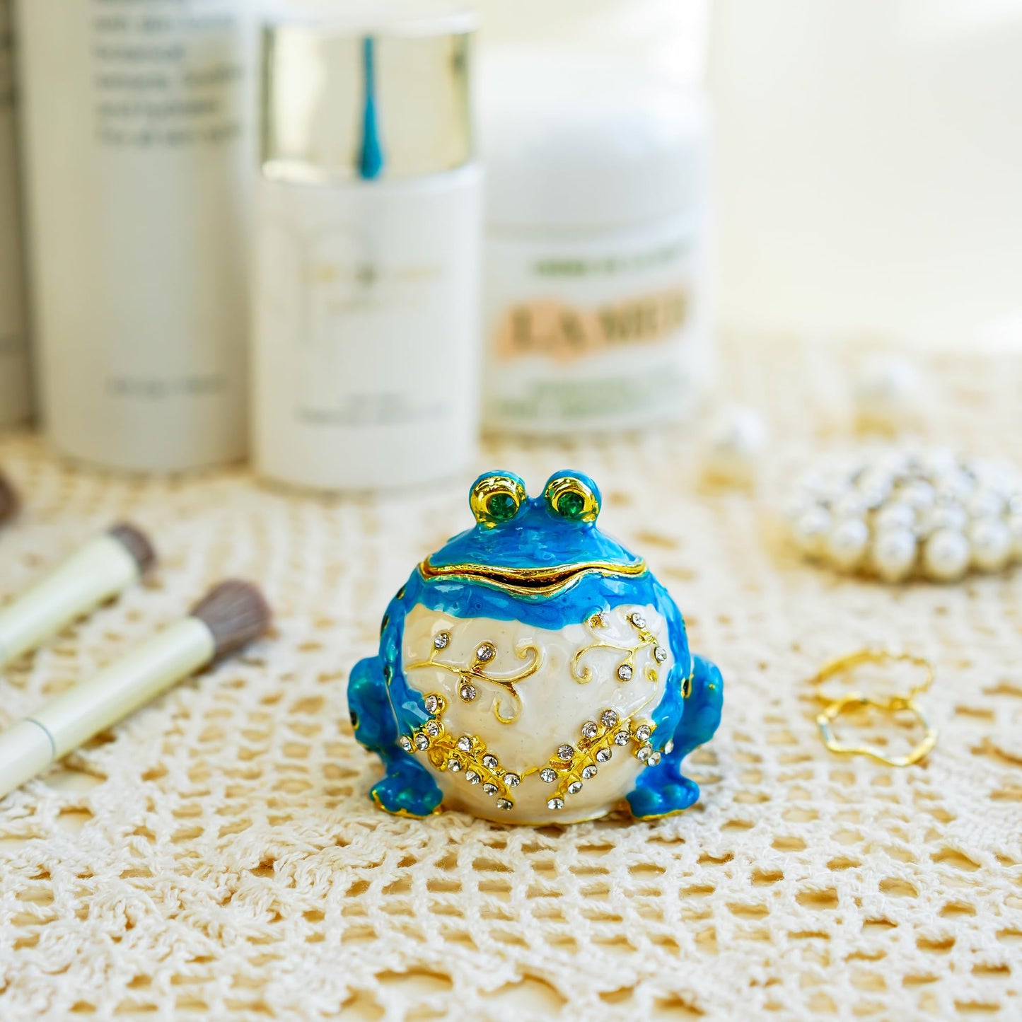 YU FENG Hinged Frog Trinket Jewelry Box Crystal Jeweled Small Cute Frog Animal Figurines Collectible