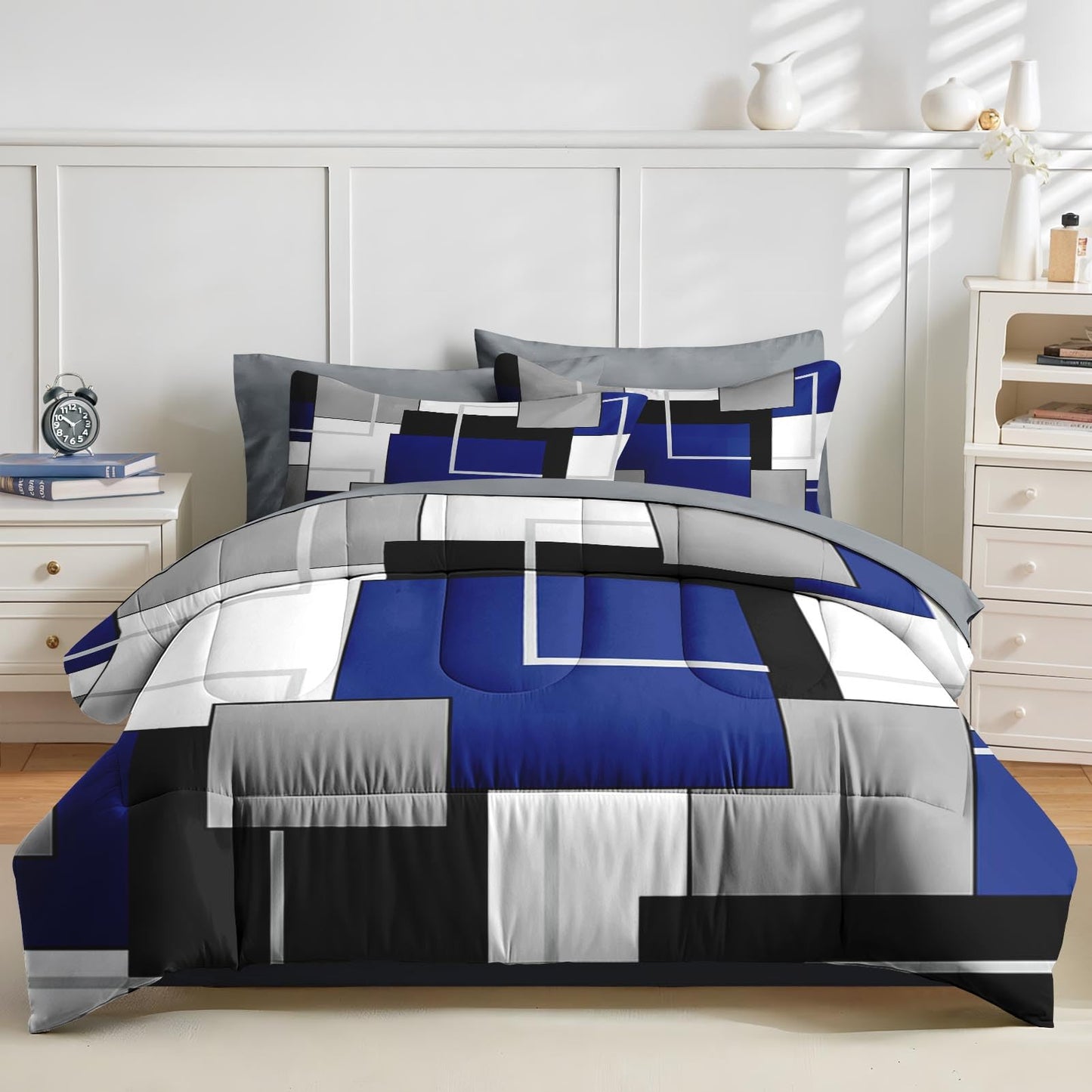 Nesker Comforter Set Full Size, Blue Black Geometric 7 Pcs Bedding for Kids and Adults, Abstract Modern Grey Bed Sheet Sets with Fitted Sheet 2 Pillowcases & 2 Shams