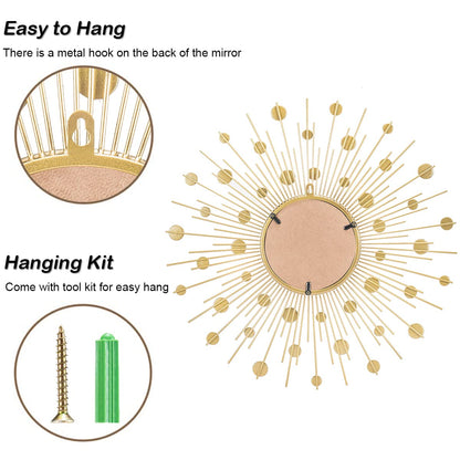 TaoliMo Gold Sunburst Mirror for Wall Decor Metal Sun Wall Mirror Decorative with Crystal Diamond for Living Room Bedroom Entryway Large Circle Mid Century Modern Starburst Wall Hanging 24 Inch