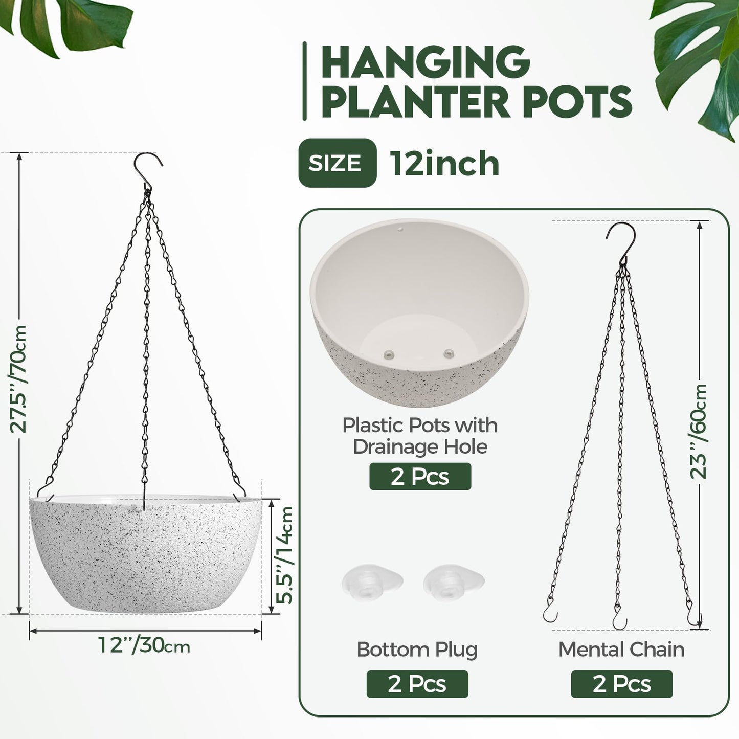 T4U Plastic Hanging Baskets 2-Pack - 12 Inch Large Hanging Flower Planter with Drainage Hole for Indoor Outdoor Plants, Round Plant Pot for Home Garden Porch Balcony Patio Decor (White)
