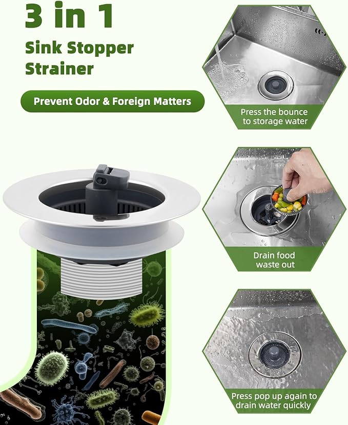 Universal 3-in-1 Kitchen Sink Strainer Stopper Pop Up Sink Drainer