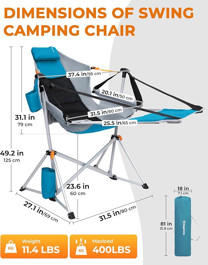 KingCamp Hammock Chair with Footrest – Heavy Duty Swinging Rocking Camping Chairs for Adults up to 400lbs, Folding Portable Oversized Rocker with Cup Holder & Pillow for Outdoor Beach Lawn RV Sports