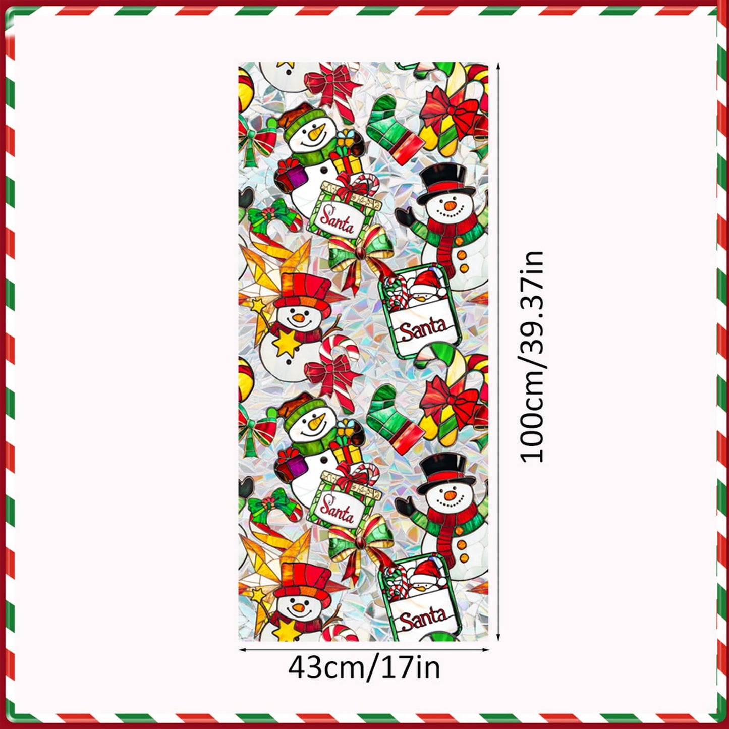 Christmas Stained Glass Window Cling Rainbow Tinted Window Film Privacy Stained Glass Window Decal Snowman Bow Candy Cane Windows Decals for Home School Xmas Party Decoration 17x 39.3 Inch