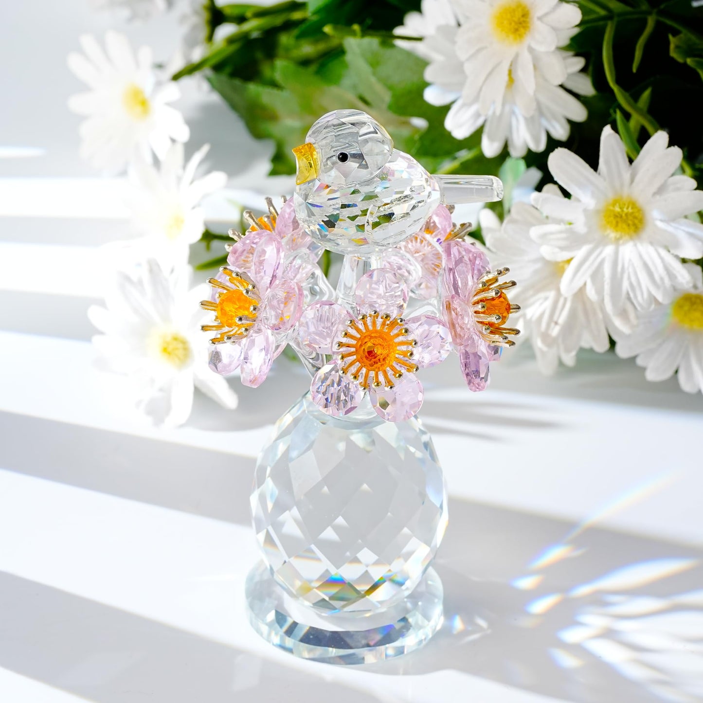 CNCRMEM Crystal Bird & Forget-Me-Not Flower Figurine,3x4 inch Glass Flower Collectible Ornaments for Home Decor Table Centerpiece Glass Bouquet Flowers Keepsake Gifts for Women （Pink）