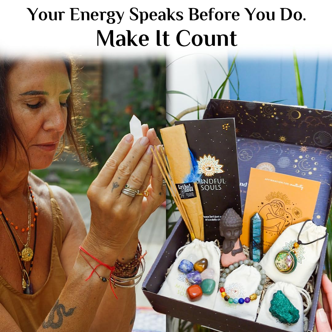 Mindful Souls Spiritual Healing Gift Set – Meditation & Mindfulness Box with Buddha Figurine, Healing Crystals, Mala Beads, Essential Oil & Gemstone Jewelry – Holistic Self-Care & Inner Peace Kit