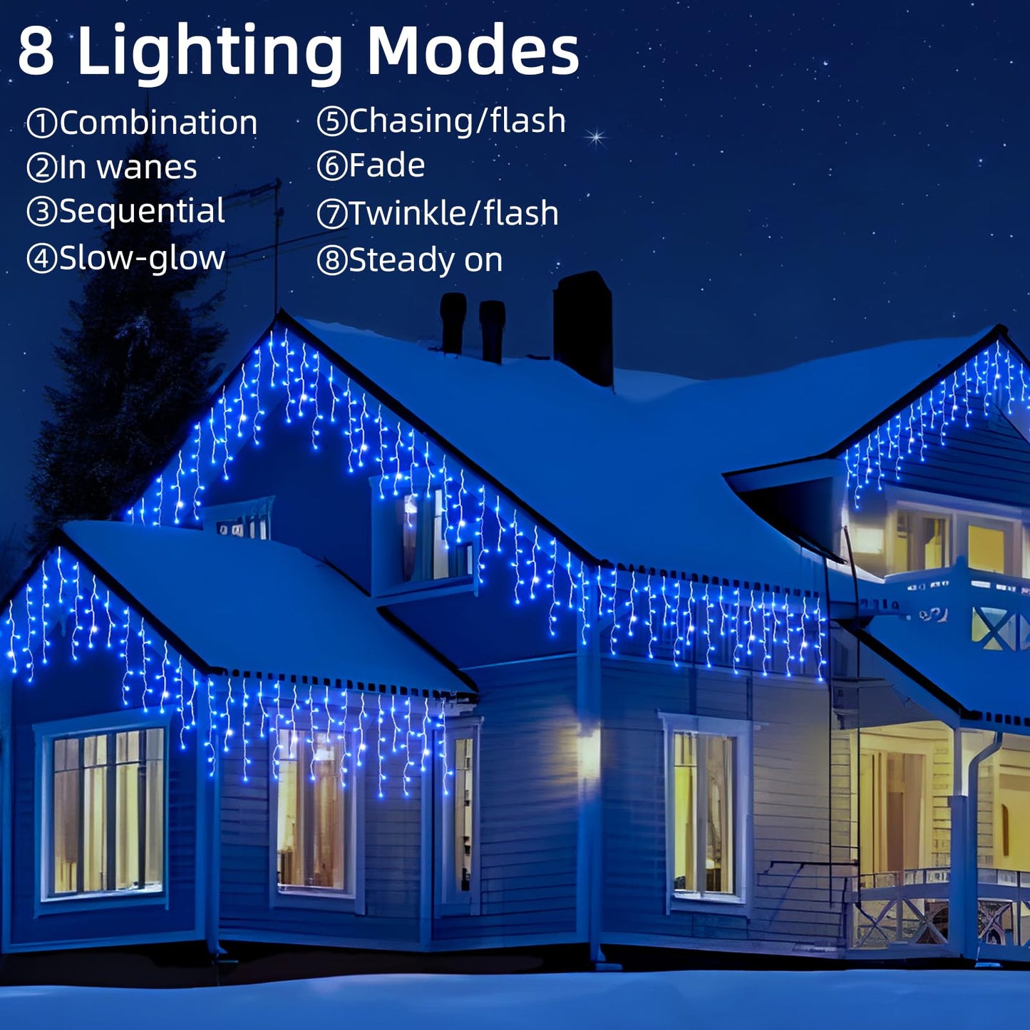 BYIZO Christmas Outdoor Icicle Lights - 200 LED 21+16 FT 8 Modes Curtain Fairy String Light Plug in, Waterproof for Eaves Yard Holiday Xmas Holiday Indoor Outdoor Decoration - Blue
