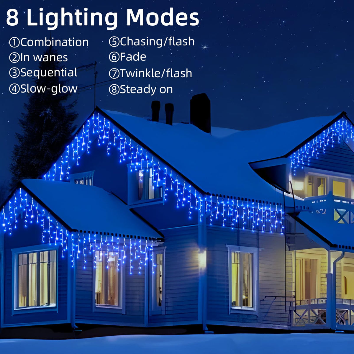 BYIZO Christmas Outdoor Icicle Lights - 200 LED 21+16 FT 8 Modes Curtain Fairy String Light Plug in, Waterproof for Eaves Yard Holiday Xmas Holiday Indoor Outdoor Decoration - Blue