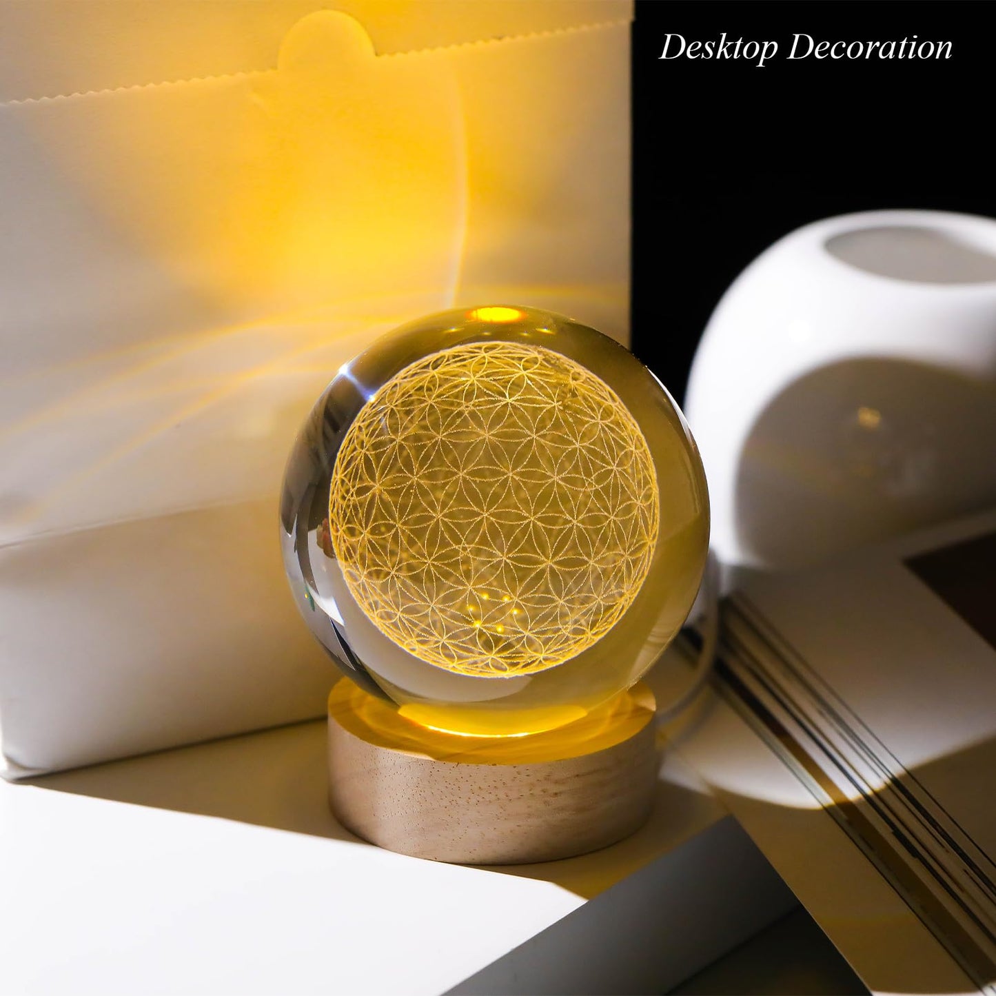 Arikyrist 3D Engraved Flower of Life Crystal Ball, Laser Engraved Grid Flower of Life Sphere Home Decoration, Crystal Engraved Sacred Geometry Glass Sphere Paperweight Ornaments Gifts for Men Women
