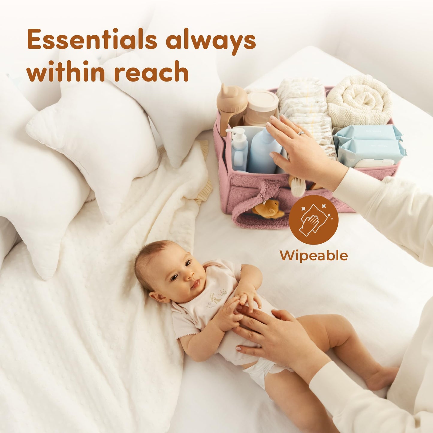 Sweety Fox Baby Diaper Caddy Organizer with Handle - Portable Sherpa Nursery Basket - Car Diaper Organizer, Cleaning Caddy, Gift for Baby Shower - Pink