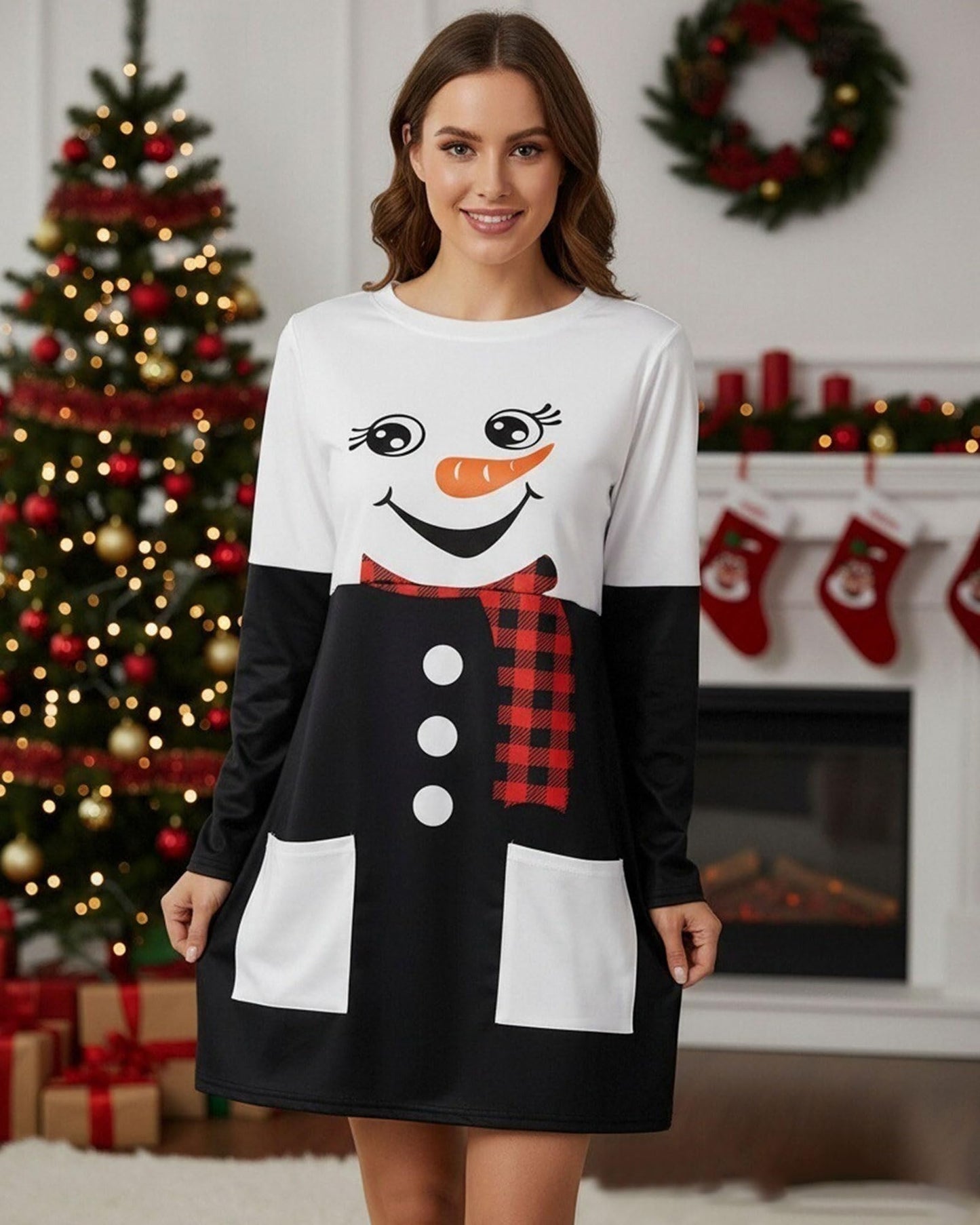 MOUSYA Women Dress Shirt Christmas Long Sleeve Tops Santa Printed Pullover Loose Plus Size T-Shirt Blouse with Pockets Black White