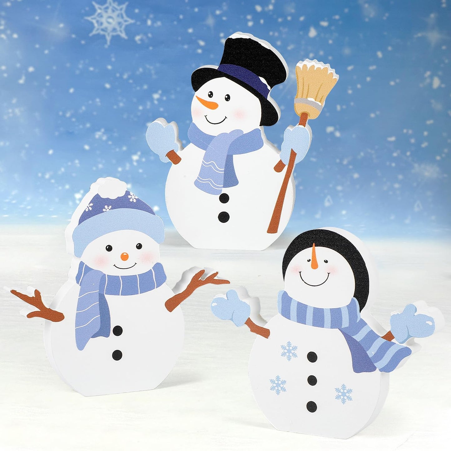 COCHIE Snowman Christmas Decorations Indoor, Cute Winter Tiered Tray Decor Set of 3, Wooden Snowman Blocks Xmas Table Decoration for Party Home Office Shelf Door (Let It Snow)