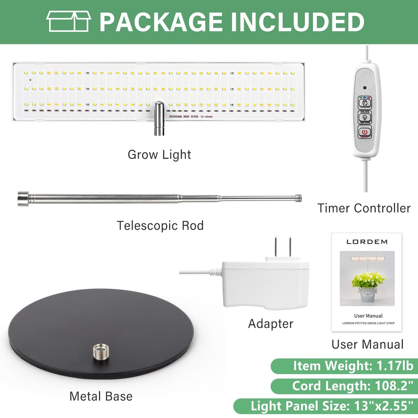 LORDEM Grow Light, Full Spectrum LED Plant Light for Indoor Plants, Height Adjustable Growing Lamp with Auto On/Off Timer 4H/8H/12H, 4 Dimmable Brightness, Ideal for Home Desk Plant Lighting