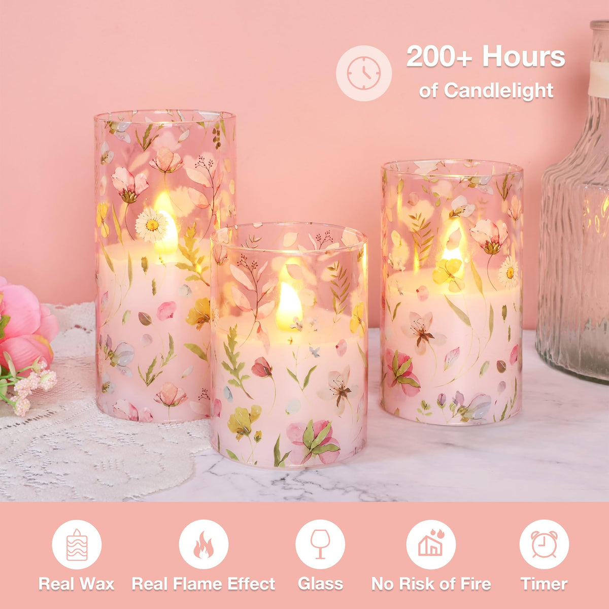 Silverstro Pink Flameless Candles with Remote Timer, Glass Battery Operated Candles, Pink Flower Decals LED Candles for Home Party Wedding Mother's Day Thanksgiving Decor Set of 3