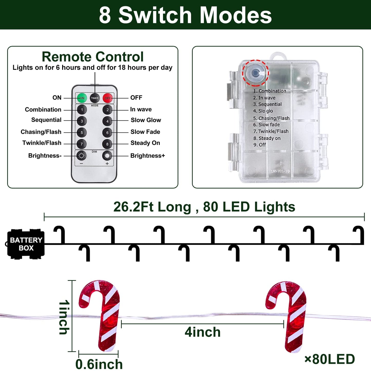 AMENON 26.2 Ft 80 Led Candy Cane String Lights Christmas Decor Battery Operated Fairy Lights Remote Control with Timer 8 Modes Holiday Xmas Decorations Indoor Outdoor Home Party Bedroom (Warm White)