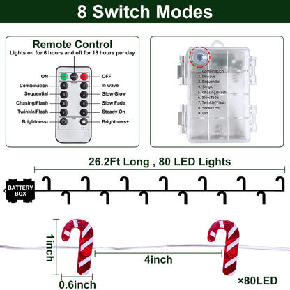 AMENON 26.2 Ft 80 Led Candy Cane String Lights Christmas Decor Battery Operated Fairy Lights Remote Control with Timer 8 Modes Holiday Xmas Decorations Indoor Outdoor Home Party Bedroom (Warm White)
