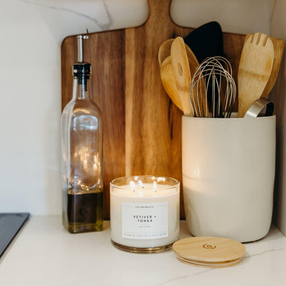 Calyan Wax Co. Vetiver & Tonka 3 Wick Scented Candle - 43 Hour Burn - Luxury 3 Wick Soy Candles - Clean Soy Wax Candles - Long Lasting Large Glass Jar Candle for Home - 14.9oz