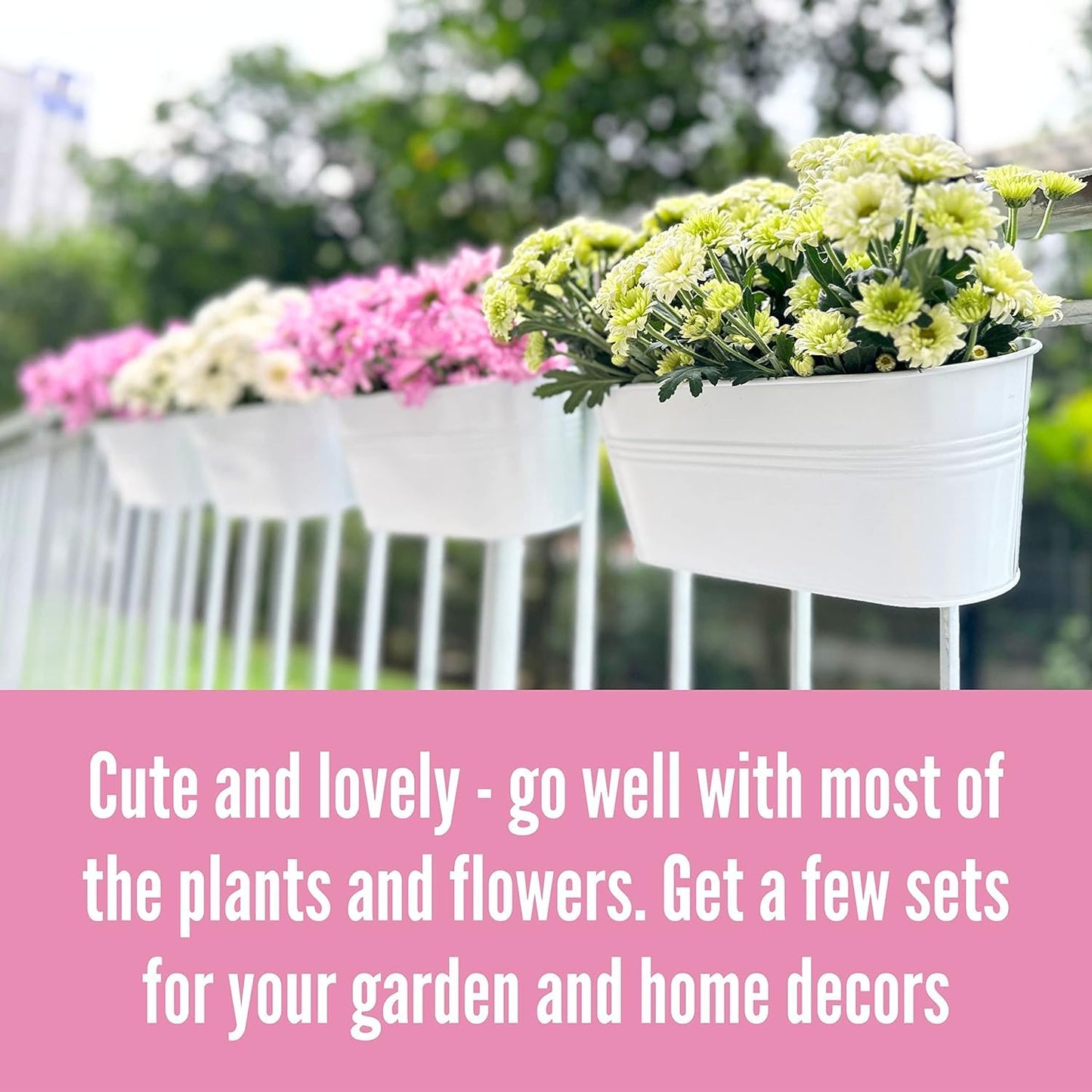 Maxona Metal Iron Hanging Flower Pots, 10 Pack, 11.8 Inch Oval White Railing Fence Hanging Bucket Pots Countryside Style Window Flower Plant Holder with Detachable Hooks Home Décor