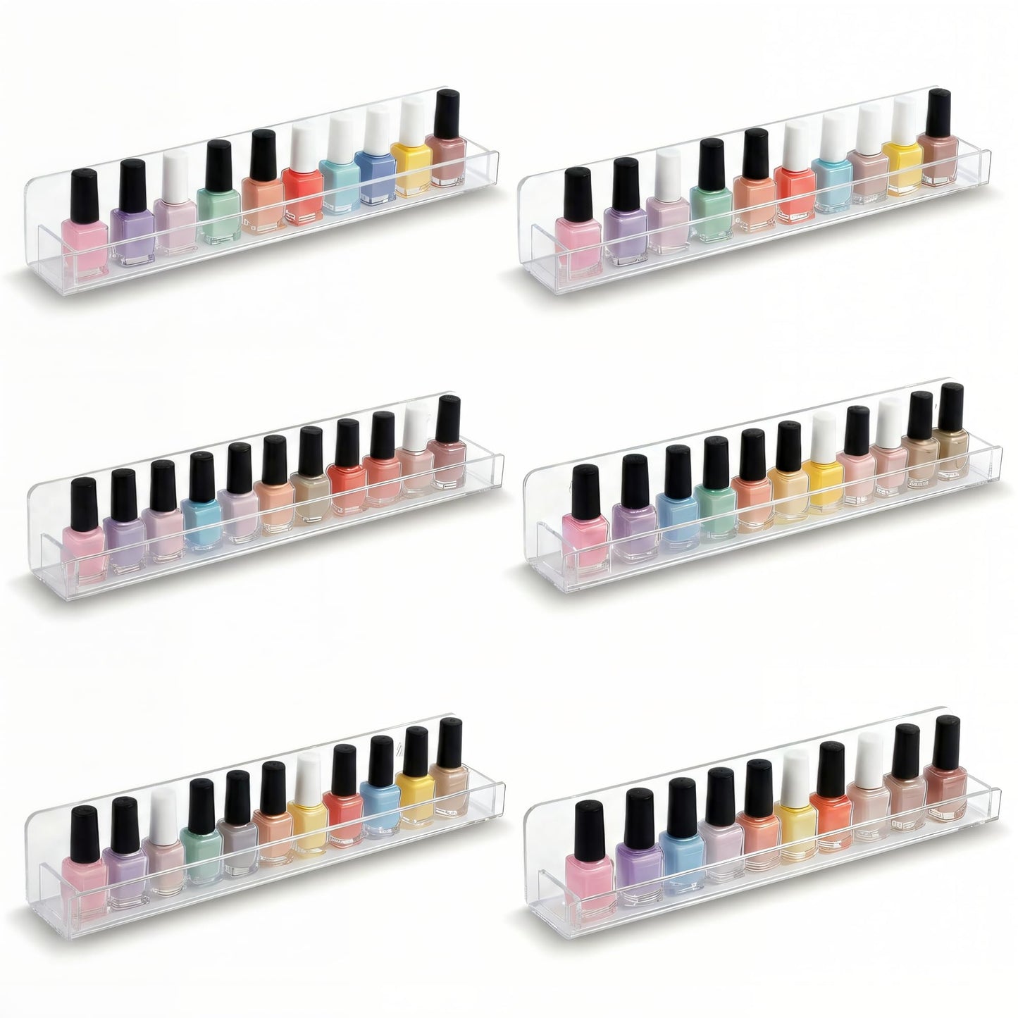 6 Pack Wall Mounted Acrylic Nail Polish Organizer Rack 15 Inch Clear Nail Polish Shelf with Removable Ends Multi-Purpose Shelf for Essential Oils Cosmetics Storage Display for Salon Bathroom
