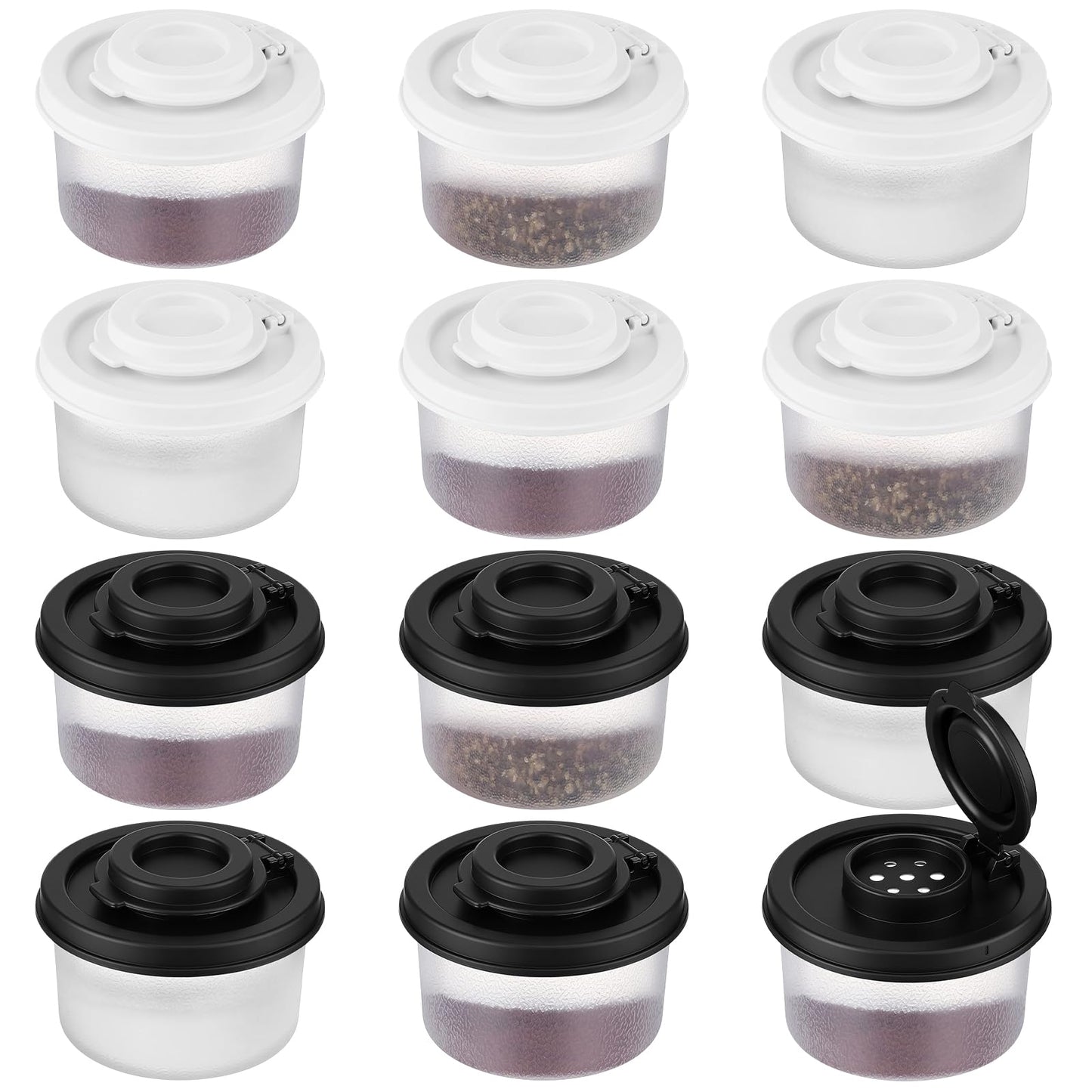 Acellegic 12 Pack Mini Salt and Pepper Shakers Moisture Proof Set Lids Plastic Airtight Dispenser for Camping Picnic Outdoors Kitchen Lunch Boxes Travel Spice(Black,White)