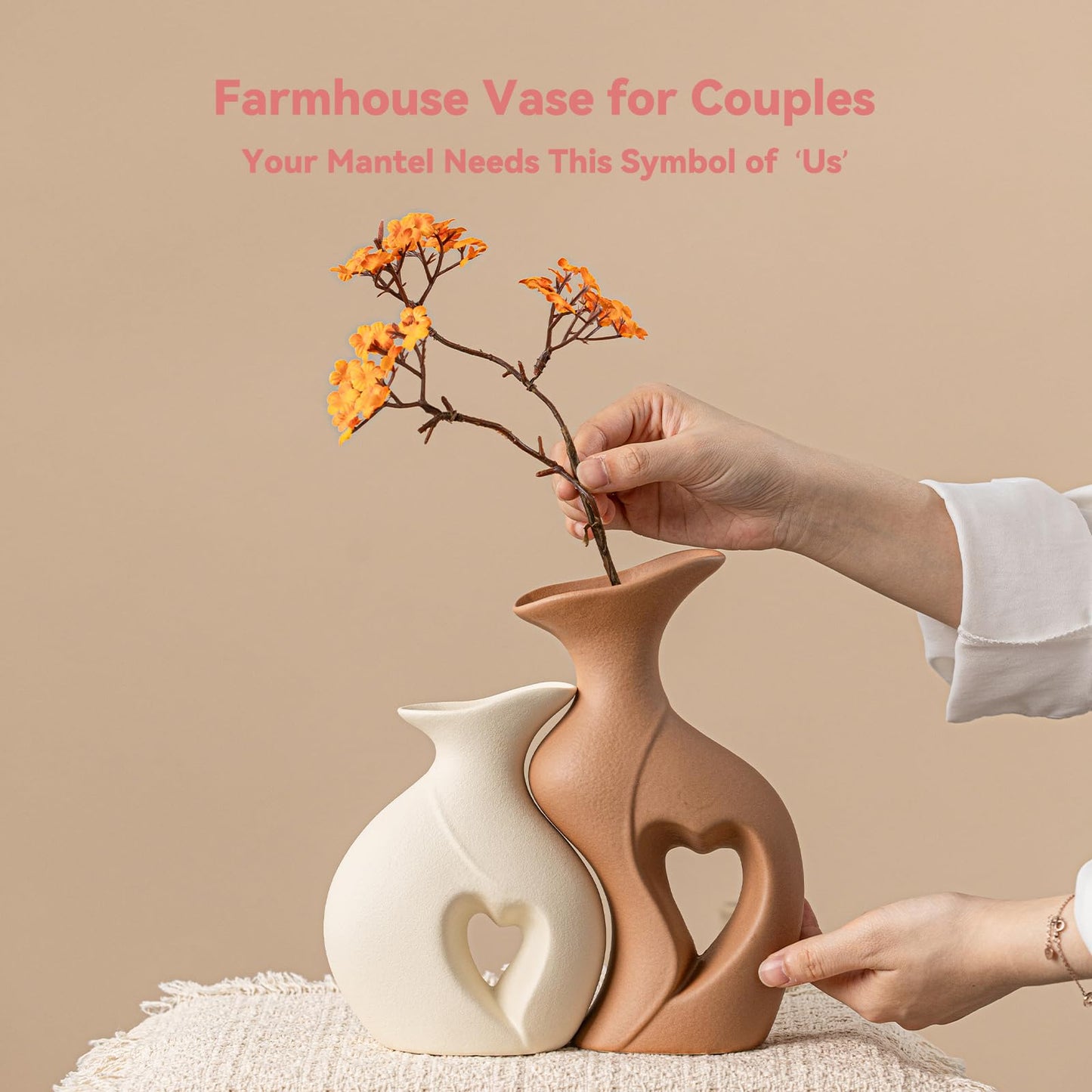 Heart Linked Couple Vase Set - 2-Pcs Beige & Brown Ceramic Vases with Hollow Heart Design, Romantic Gifts for Couples, Wedding Decor for Couple,Decorative Vase for Living Room/Dresser
