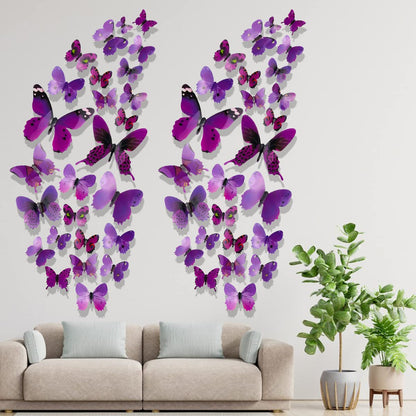 60Pcs 3D Butterfly Wall Decals Purple Butterflies Wall Decor 3 Sizes Waterproof Butterfly Wall Stickers for Home Office Living Room Bedroom Birthday Party Decoration