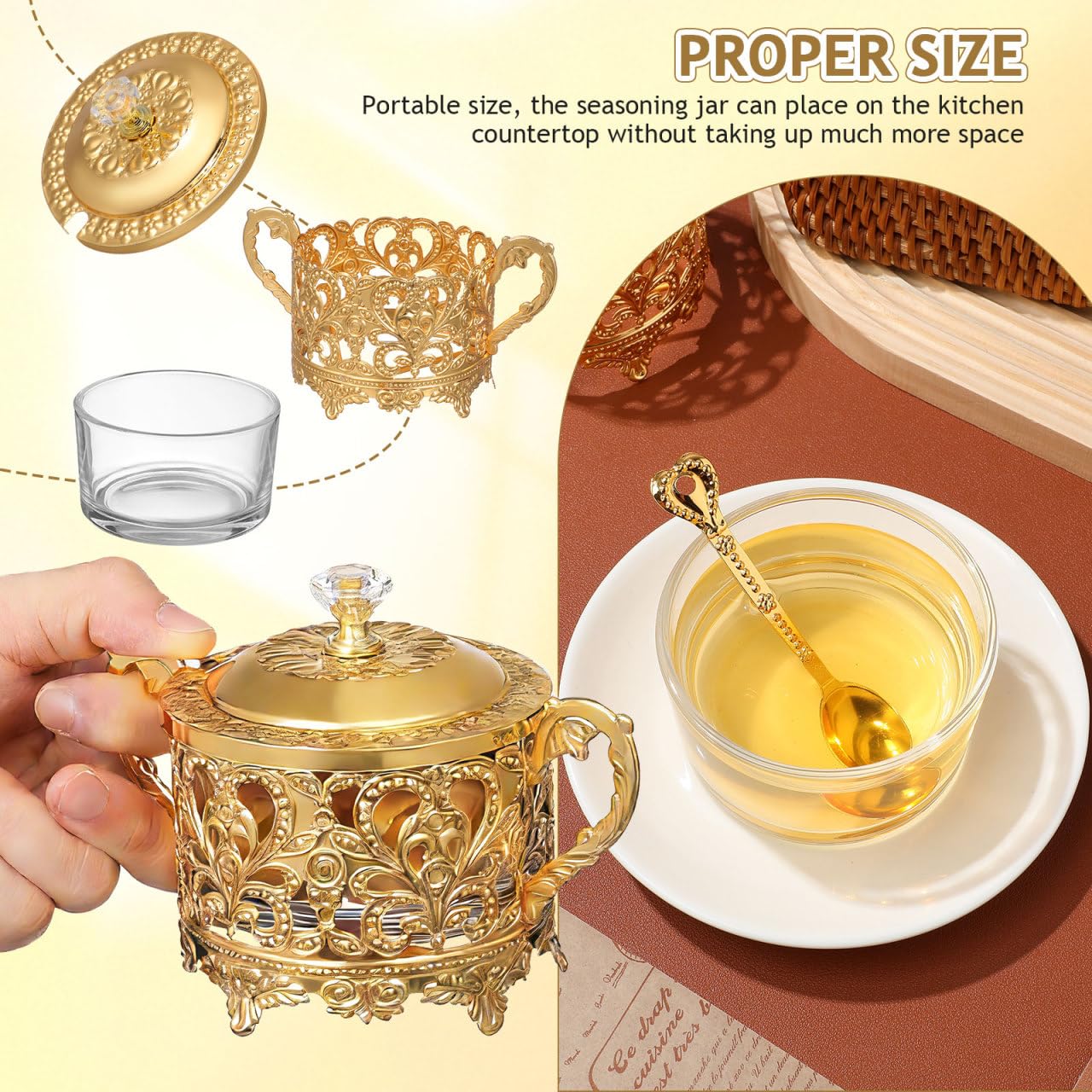Sugar Bowl, 2 Sets Turkish Sugar Bowl with Lid and Spoon Condiment Pots Seasoning Box Golden Embossed Glass Candy Jar Coffee Bar Accessories