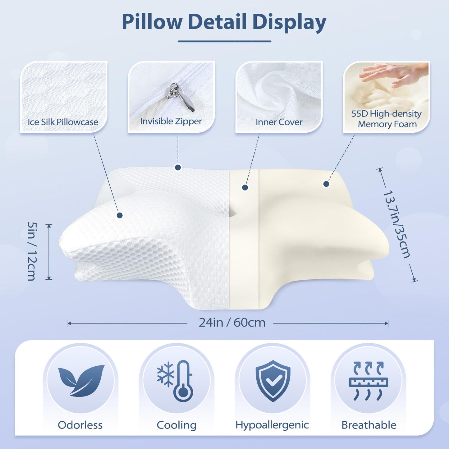 HOMCA Cervical Pillow, Ergonomic Memory Foam Pillow for Neck and Shoulder Pain Relief with Cooling Ice Silk Pillowcase, Orthopedic Neck Bed Pillow for Side, Back and Stomach Sleepers