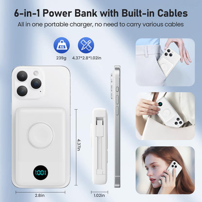 Magnetic Portable Charger for iPhone with Built-in Cables, 6-in-1 10800mAh Power Bank with iWatch Charger & LCD Display,25W PD Fast Charging Battery Pack for Magsafe,iPhone 16/15/14/13/12,Apple Watch