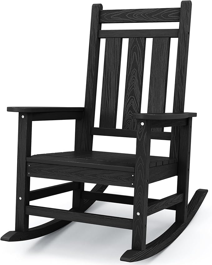 KINGYES Oversized Outdoor Rocking Chair, All-Weather Patio Rocking Chairs for Porch, HDPE Outdoor Patio Rockers with High Back & Wide Seat for Garden, Lawn, Black