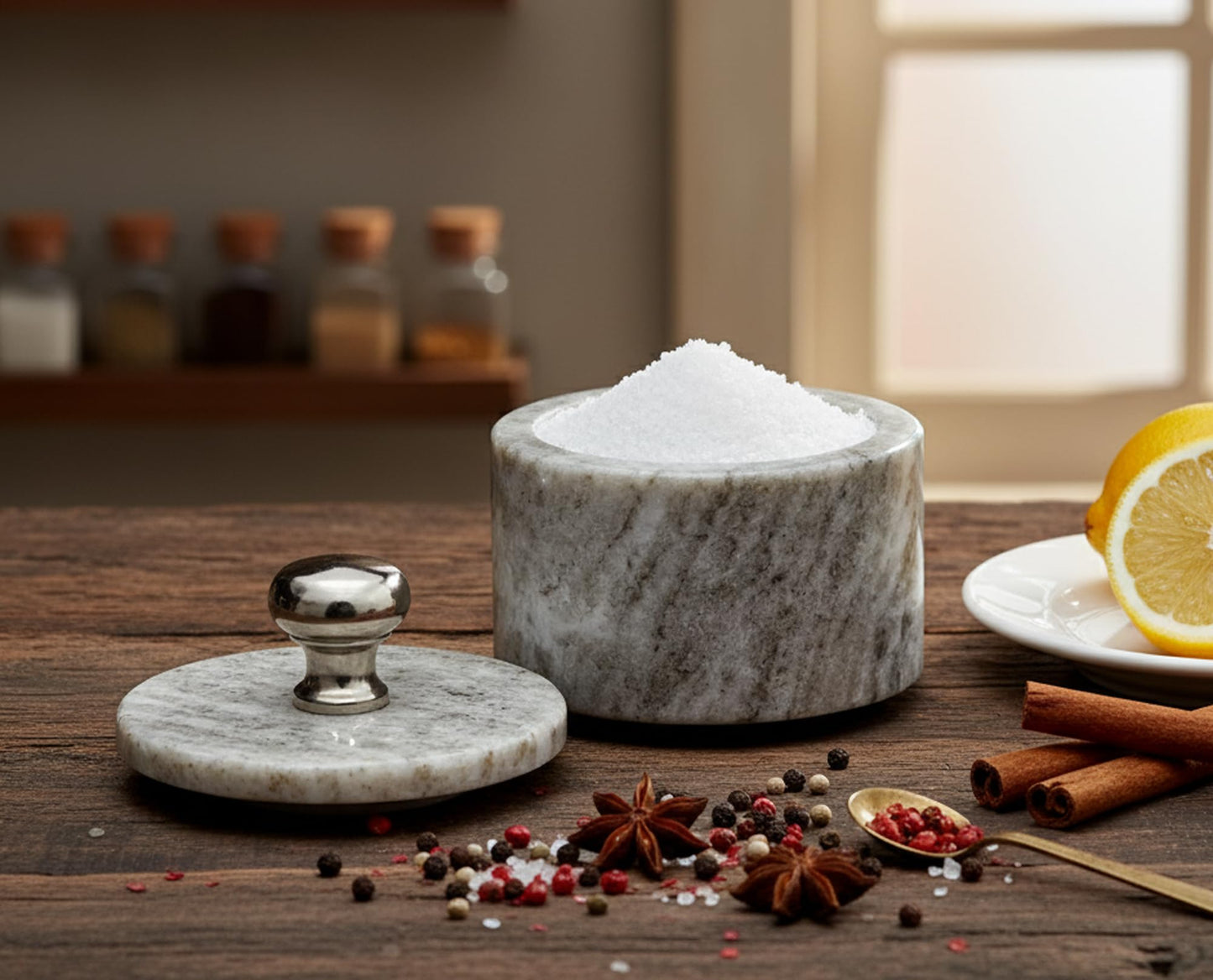 KLEO Marble Salt and Spice Holder with Lid | Small Container (2x3in) | Stone Salt Box/Canister for Kitchen and Dining | Saunf Holder (Beige)