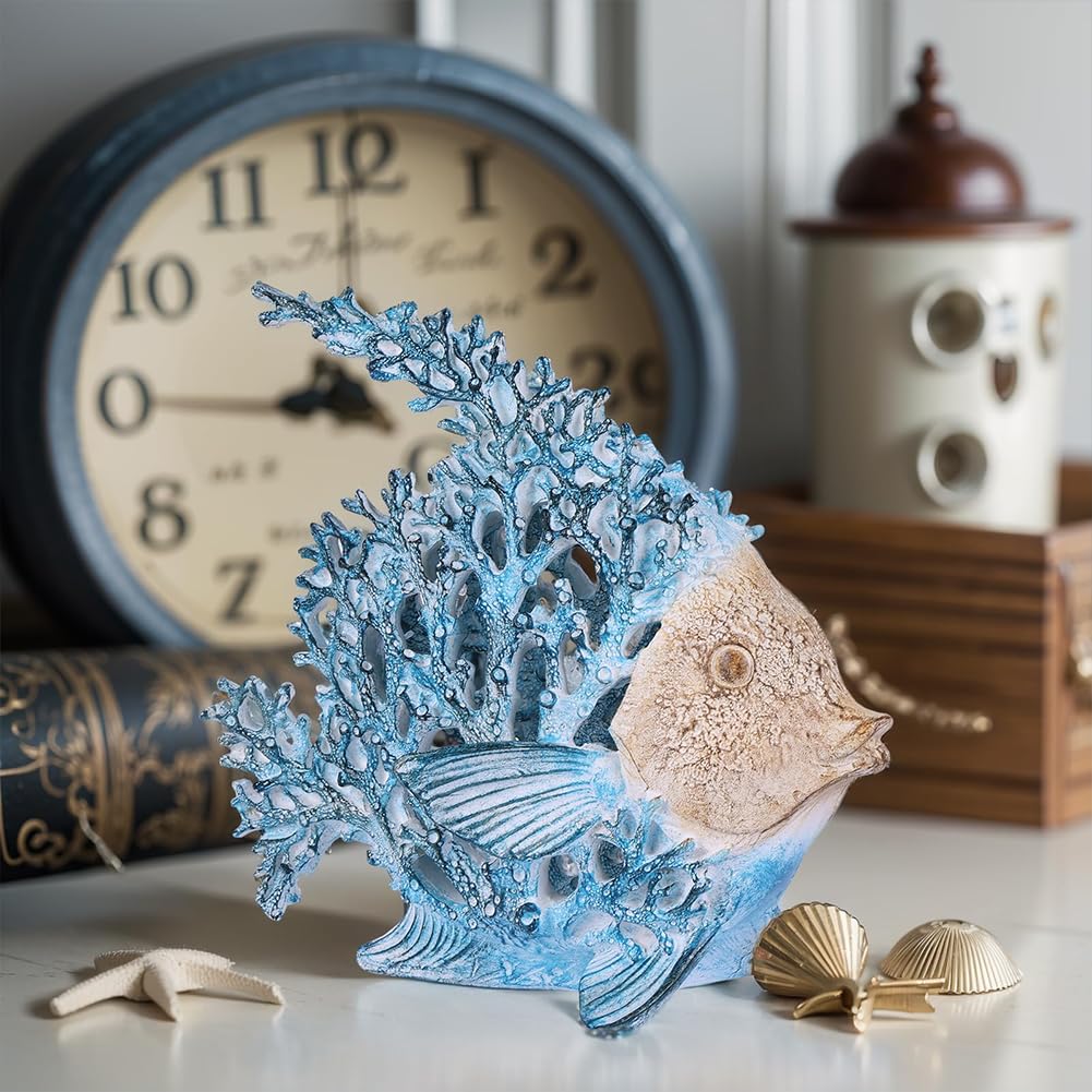 UANYEMON 7.28'' Ocean Coral Fish Sculpture – Resin Coastal Fish Figurine with Coral Backdrop, Ocean Blue & Sandy Beige Finish – Nautical Tabletop Accent for Living Room, Beach House & Bathroom Decor