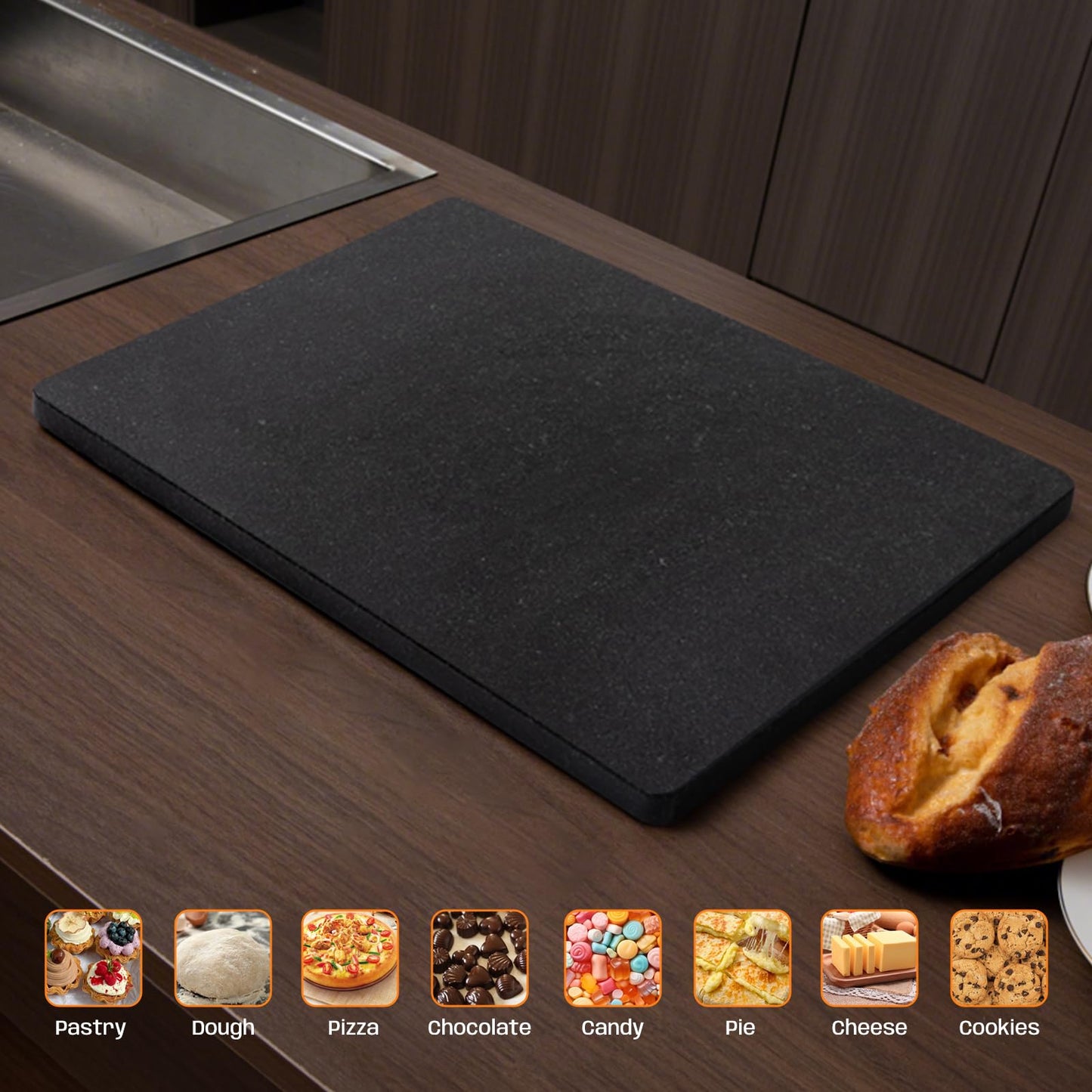 Adolif Black Granite Marble Cutting Board for Kitchen, 16x20 Large Inch Marble Slab Pastry Board With Non-Slip Feet for Baking, Cheese, Charcuterie, Chocolate – Serving Tray Gift