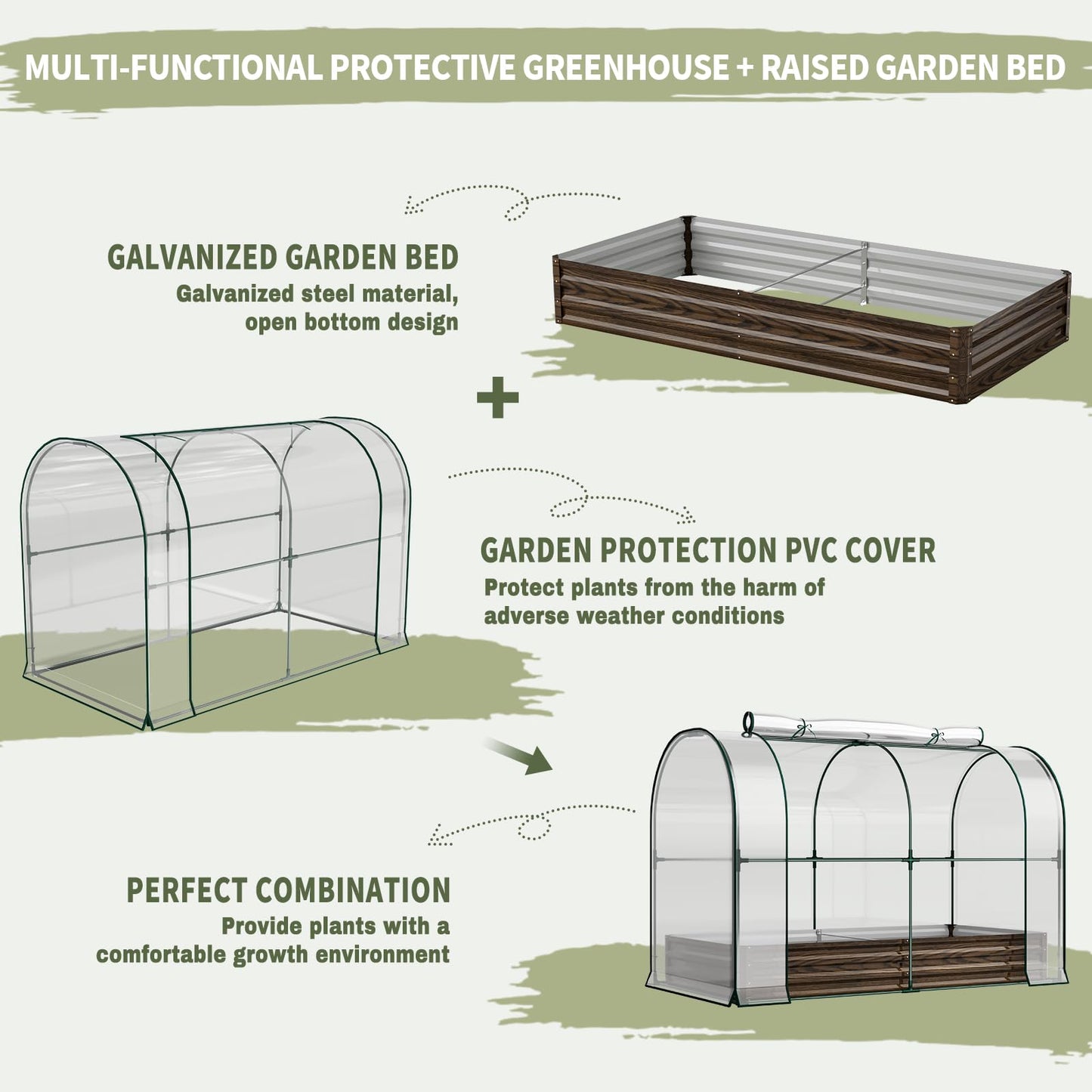 SUNYRISY Galvanized Raised Garden Bed with Greenhouse, Outdoor Metal Planter Box with Plant Bed Cover, Garden Box Protection for Gardening Vegetables Flowers Herbs Planting, Wood Grain
