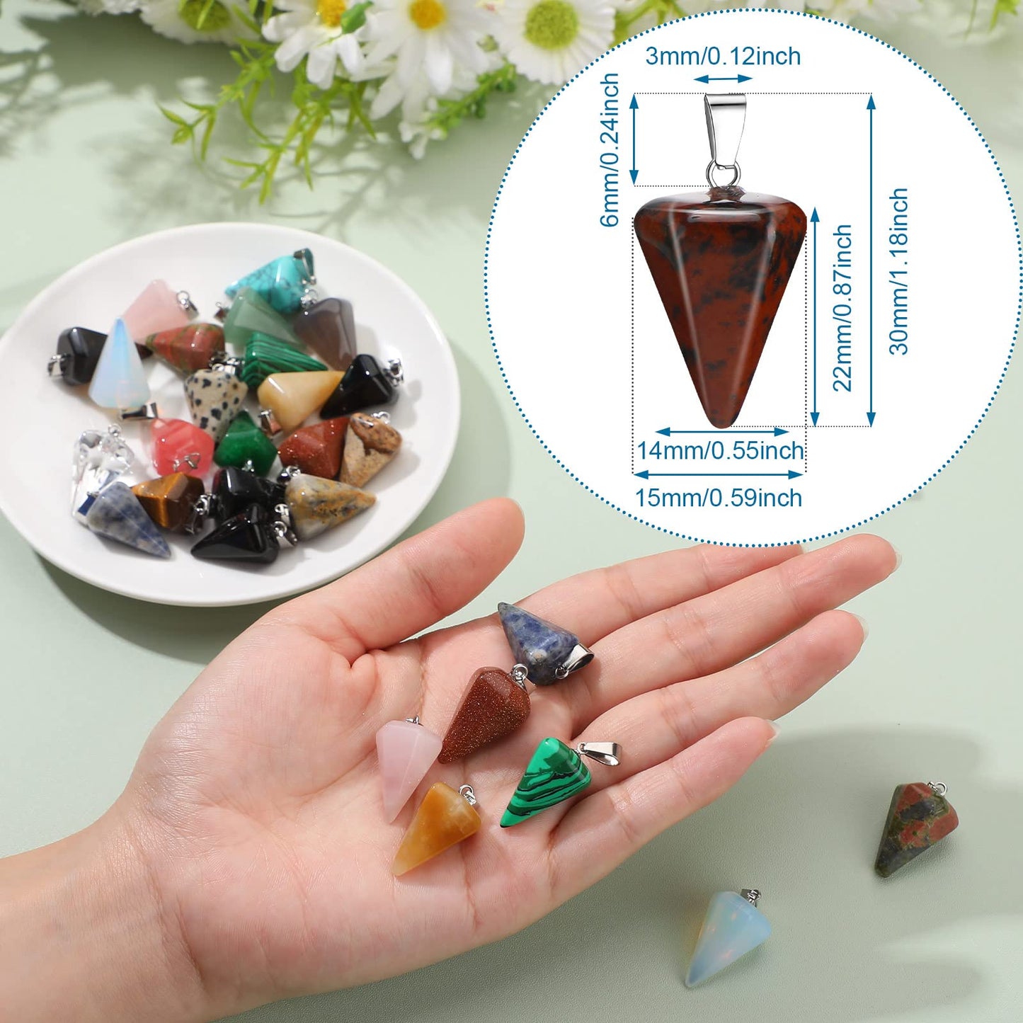 Fumete 50 Pieces Cone Pendulum Crystal Pendants Healing Stone Charms for Jewelry Making DIY Necklace Divination Witchcraft Accessories, 25 Colors
