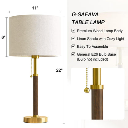 G-SAFAVA 22" Table Lamps Mid Century Modern Lamps for Bedroom Living Room Bedside Lamps for Night Stands Wood Nightstand Lamp Gold Small Side End Table Lamps Set of 2 Vintage Home Deco Office Gifts