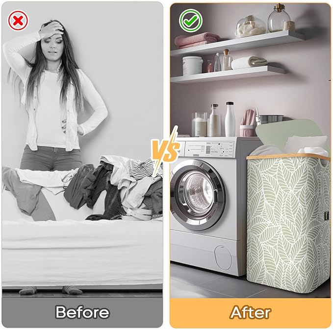 BALEINE Laundry Hamper with Lid, Tall Laundry Baskets with Bamboo Pull Handles