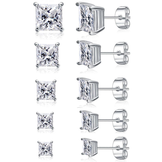 Gemsme 5 Pairs Princess Cut Cubic Zirconia Stud Earrings for Women/Men - 18K White Gold Plated Hypoallergenic 3-7mm Square Clear CZ Earring Set