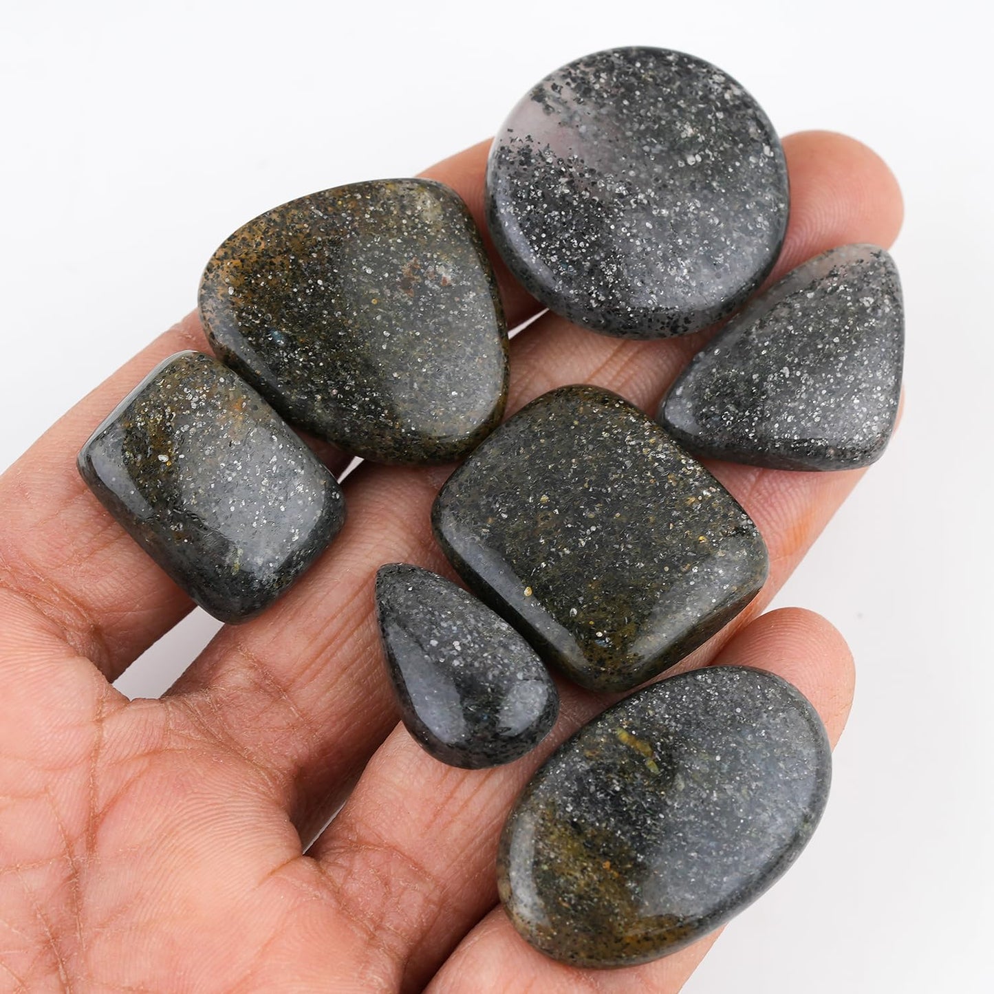 GemSymphony 50 Carat Natural Black Sunstone Gemstone Cabochon Lot Mixed Shapes – 3 pcs Hand Polished Crystal Stones for Jewelry Making Supply, Healing, Reiki, Craft Supplies, Unique Cab Set for Wire Wrapping & Collectors (15-20 mm)