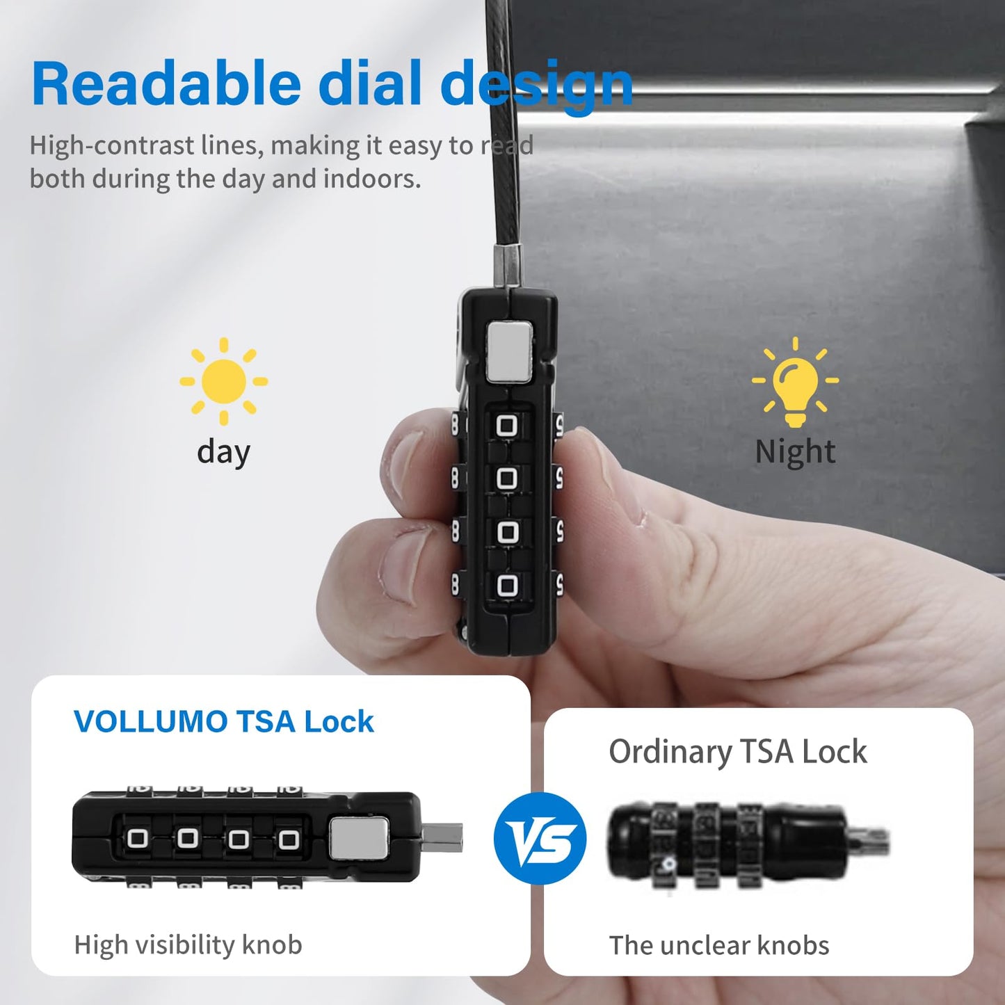 Vollumo TSA Approved Luggage Lock, 4-Digit Combination Cable Lock, Heavy Duty Travel Suitcase Lock with Flexible Steel Cable, for Backpack, Locker, Bag(Black（2-Pack）)