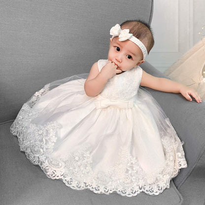 Toddler Baby Girls Formal Dresses Infant Bowknot Embroidery Tutu Lace Gown Dress Kids Pageant Party Wedding Birthday Flower Dresses Size 2T 3T (White 90)
