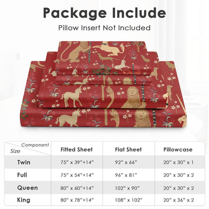 Pamnest Full Size Bed Sheet Sets, Medieval Beige Lion Soft Microfiber 4 Pcs Bedding Sets for Kids and Adults Bedroom Bed Decor, Green Tree Unicorn Retro Flat, Fitted Sheet and 2 Pillowcases
