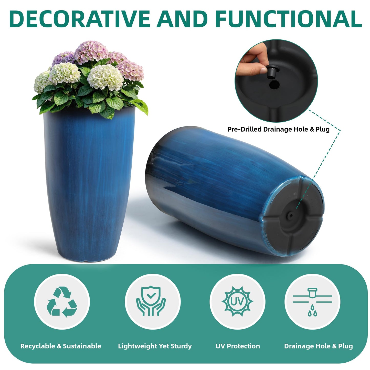 Autodaya 23.8" Tall Planters Large Set of 2 Plant Pots Plastic Flower Pots Outdoor Artistic Floating Cobalt Blue Glaze, UV-Protect & Lightweight PP Container for Garden, Patio, Deck, Porch, Indoor