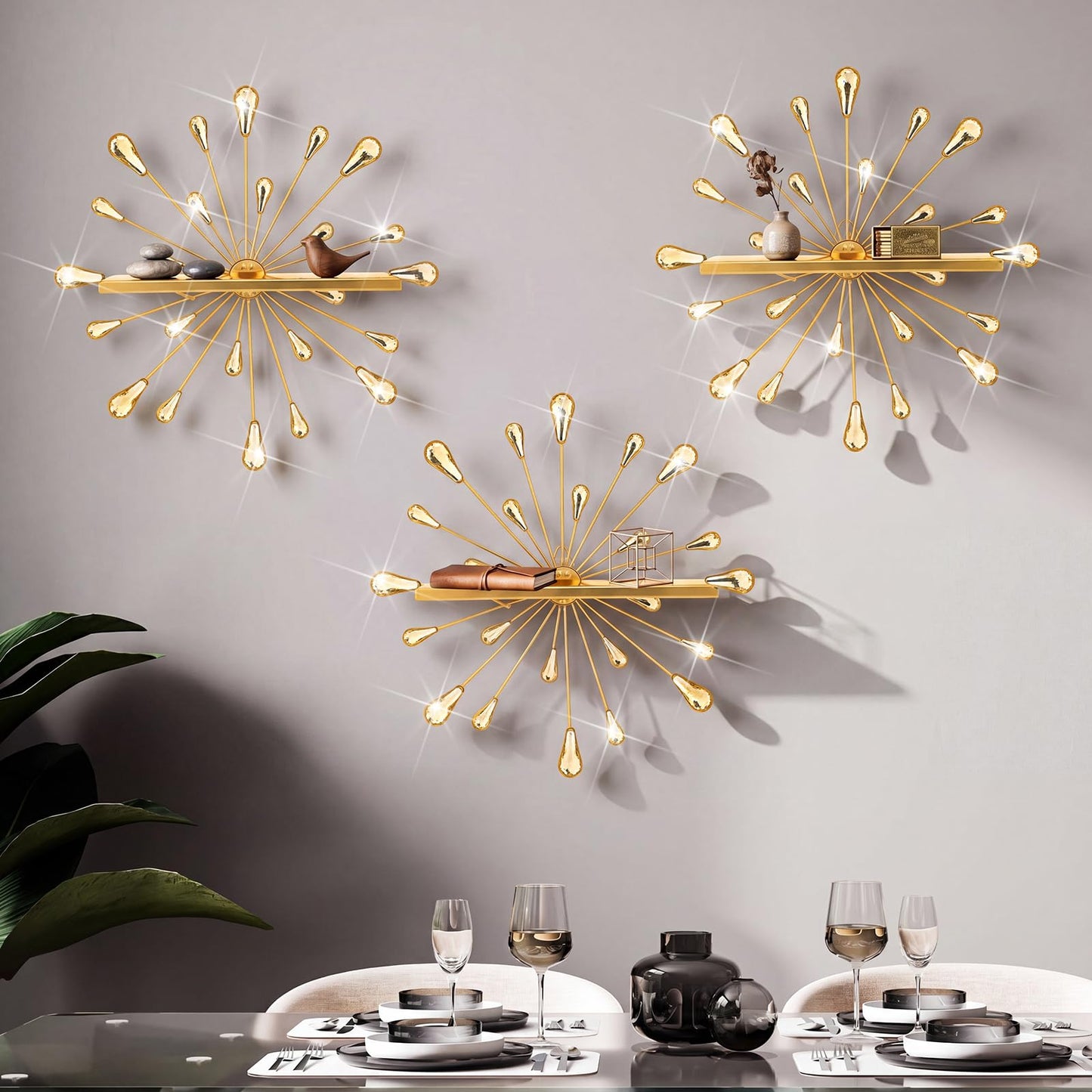 Yaocom 3 Pcs Bling Crystal Floating Shelves Metal Starbursts Wall Decor Folding Shelf Gold Corner Shelves Hanging Wall Mounted for Storage Bedroom Bathroom Living Room Kitchen Office Home Decoration